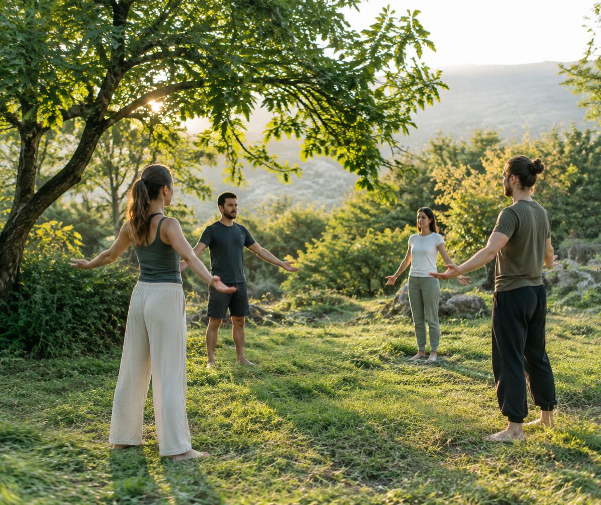 A small group practicing together outdoors in morning light