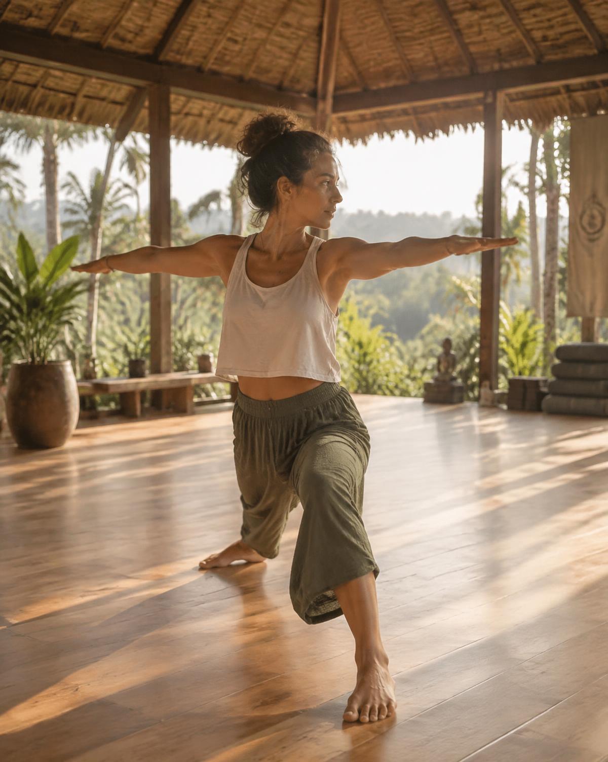 A person moving barefoot on warm wood in an open-air studio at sunrise
